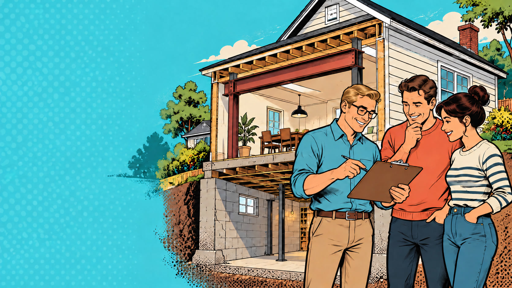Illustration d’un ingénieur expliquant une modification structurale à des propriétaires